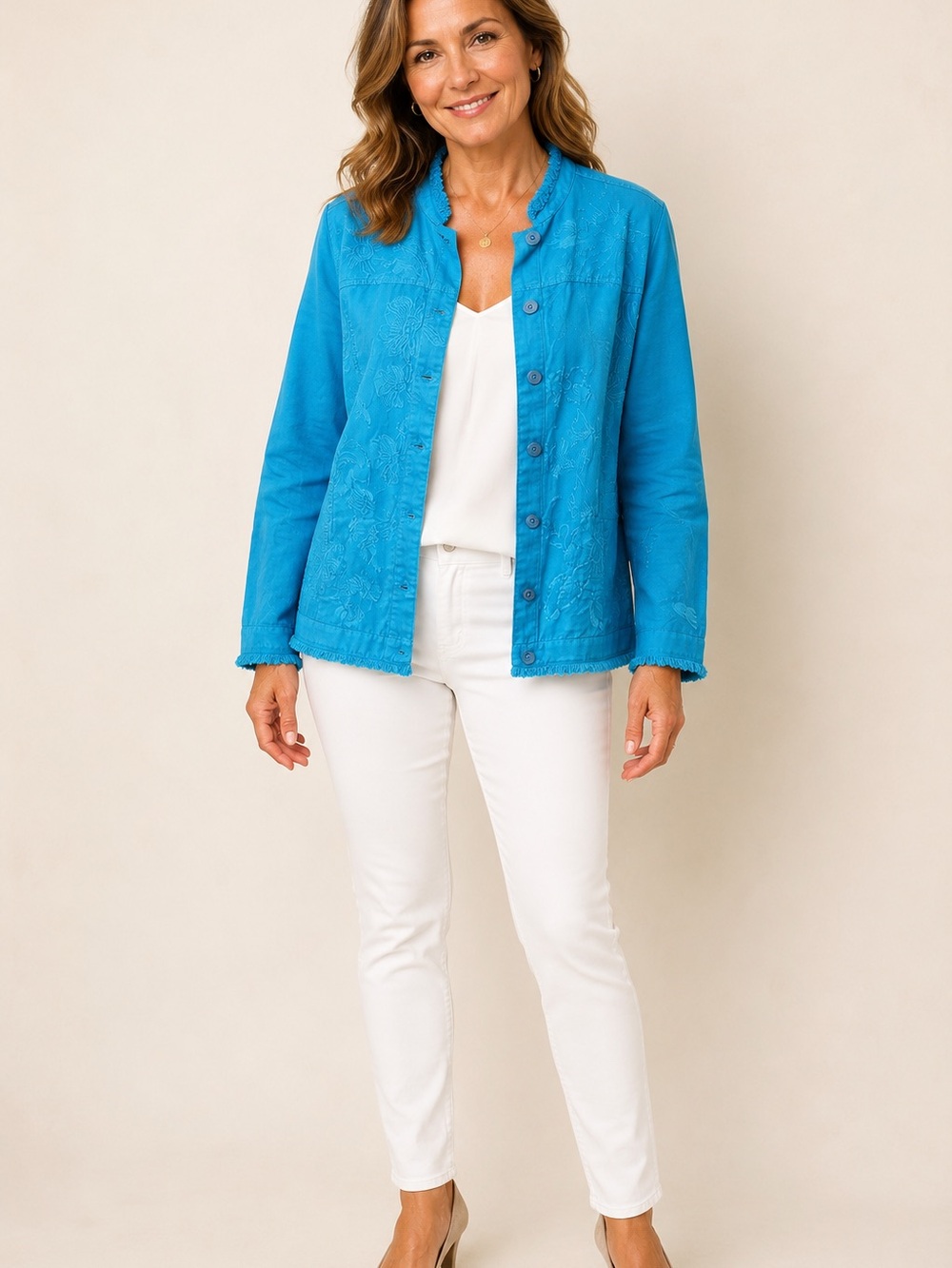Chico's Turquoise Embroidered Button-Front Cotton Jacket Large